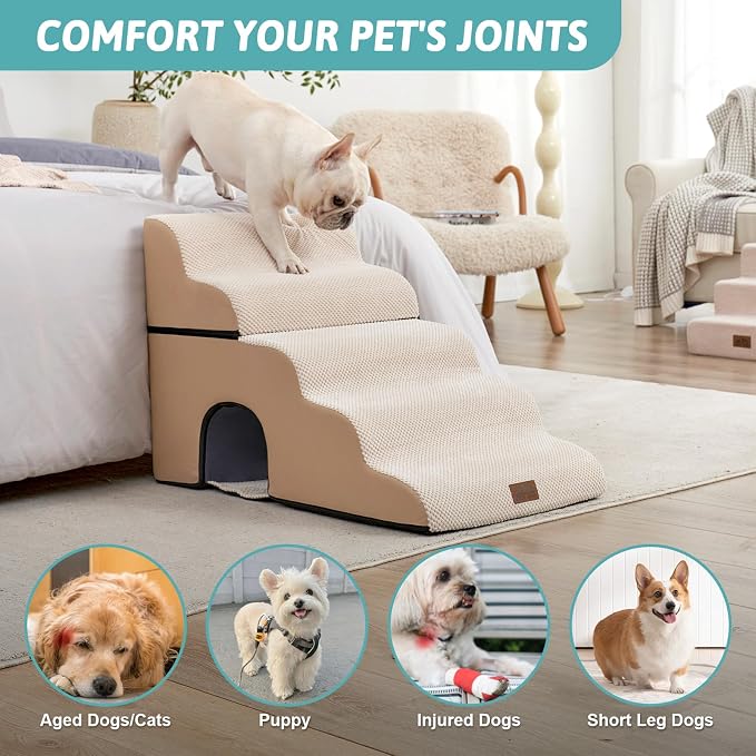 COZY KISS Extra Wide Dog Stairs with Tunnel, Foam Detachable Large Dog Step for Small Pet, Puppy or Cats, Medium Pet Ramp for High Bed, Couch, Sofa or Car, 19.7x33x22.4 inch, 5 Step, Beige