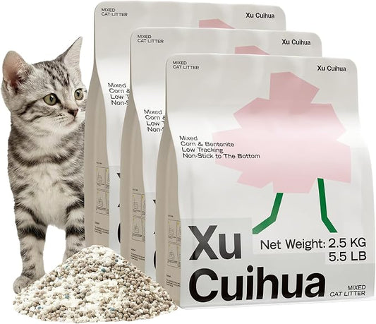 XuCuiHua Bentonite Mix Cat Litter, Strong Clumping Litter, Odor Control, Easy Scooping, Clumps Lift Cleanly, Low Dust, Corn & Cassava Litter, 5.5 LB x 3 Bags