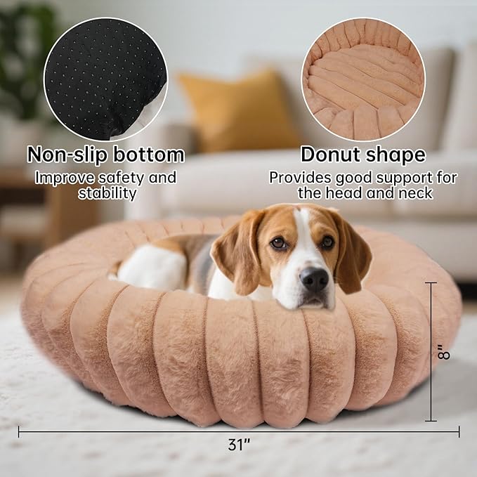 Donut Dog and Cat Bed, Luxurious Comfortable Faux Rabbit Fur Pet Beds, Round Anti-Anxiety Calming Puppy Kitten Bed with Anti-Slip Bottom for Small Medium Dogs & Cats(31", Brown)