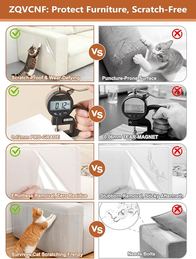 Extra Thick Clear Anti Cat Scratch Furniture Protector 17" x 197"：ZQVCNF Self-Adhesive Couch & Door Tape from Cat Claws - Covers Walls, Bed Corners | Stops Cat & Dog Scratching Damage