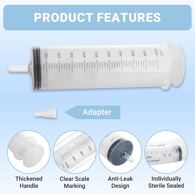 1000ml Large Syringe,Plastic Syringes for Liquid with Tip Adapter, for Scientific Labs, Measuring, Watering, Refilling, Filtration Multiple Uses, Individual Sealed