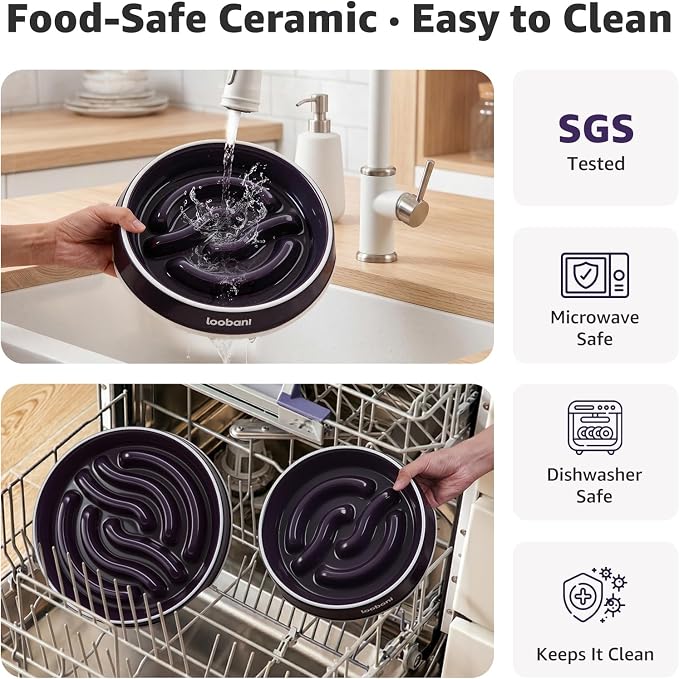 LOOBANI Ceramic Slow Feeder Dog Bowls - 4.5 Cups Slow Feeder Dog Bowls for Large Giant Dogs, Slow Feeding Easy-Grip Handles, Perfect for Fast Eaters Saint Bernards & Mastiffs (XL, Purple)