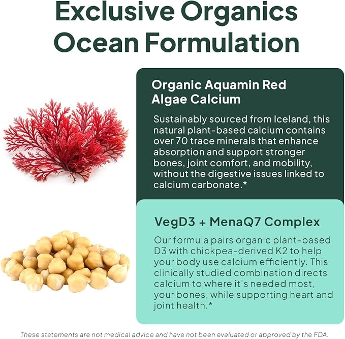Organics Ocean Better Calcium - Organic Red Algae Calcium with Vitamin D3 and K2 Supplements - Supports Bone Structure, Joint Comfort & Encourages Healthy Aging - Plant-Based, Non-GMO - 1 Pack