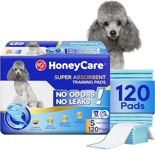 Honey Care All-Absorb, Small 17.5" x 23.5", 120 Count, Dog and Puppy Training Pads, Ultra Absorbent and Odor Eliminating, Leak-Proof 5-Layer Potty Training Pads with Quick-Dry Surface, Blue, A05