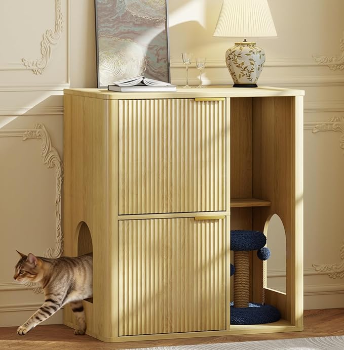 Rovibek Double Cat Litter Box Enclosure Furniture, Fluted Hidden Litter Box Enclosure for 2 Cats with Double Room, Mid Century Dual Cat Litter Cabinet with Scratching Post, Dangling Ball, Natural