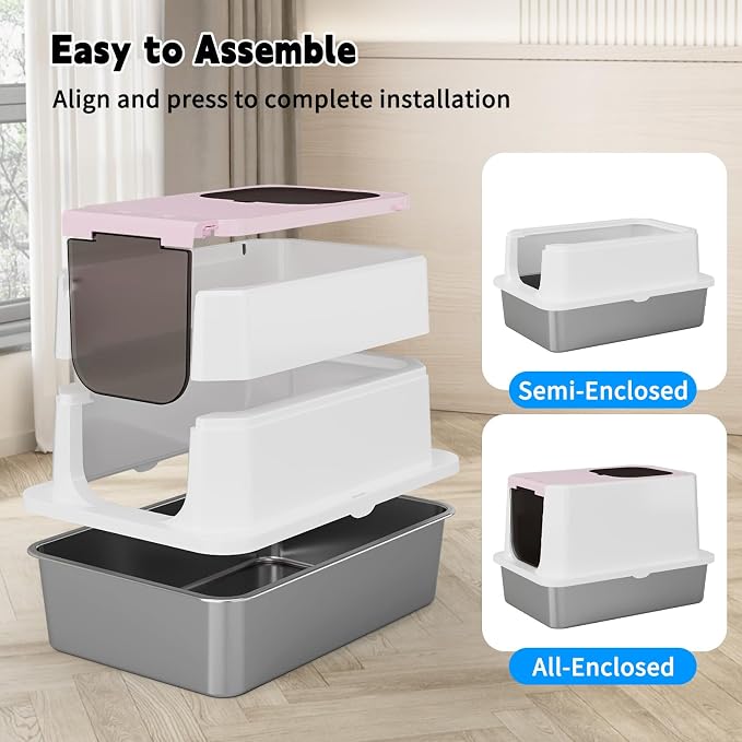 RIZZARI Large Enclosed Stainless Steel Cat Litter Box – Top & Front Entry, High-Sided Anti-Tracking Non-Stick Pan with Odor Control for Bedrooms, Living Rooms & Indoor Spaces
