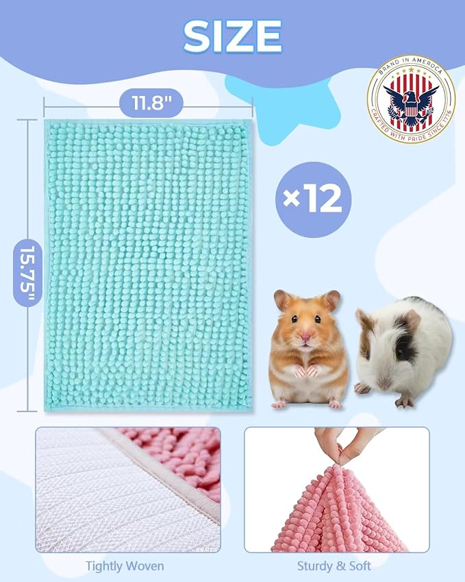 12PCS Guinea Pig Bath Mats Set, Washable, Reversible Guinea Pig Bedding Fleece Liner, 16x12 Inch Guinea Pig Mats for Cage Include Tooth Grinding Toy, Reusable Pet Pee Pads for Rabbit, Bunny, Hamster