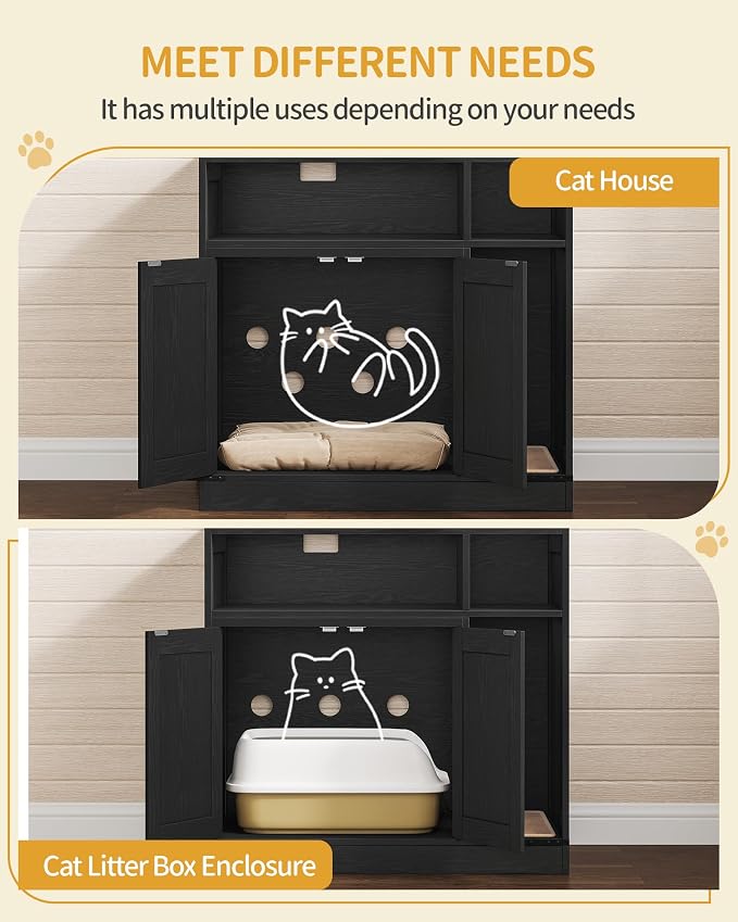 Hzuaneri Cat Litter Box Enclosure, Hidden Litter Box Furniture with Storage, Wooden Cat Cabinet with Scratch Pad, Farmhouse Cat Washroom, TV Stand End Table, Black CB87504X