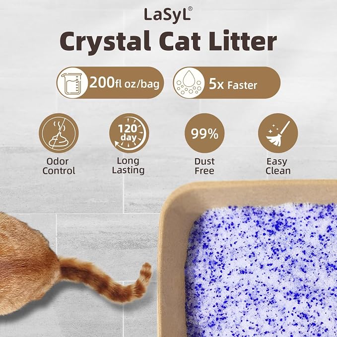 LaSyL Crystal Cat Litter for Multi-Cat Households - 17.2 lb Silica Gel, 30-Day Odor Control, 99.9% Dust-Free Non-Clumping Low Tracking Lightweight Unscented Formula (4 Bags x 4.3lb)