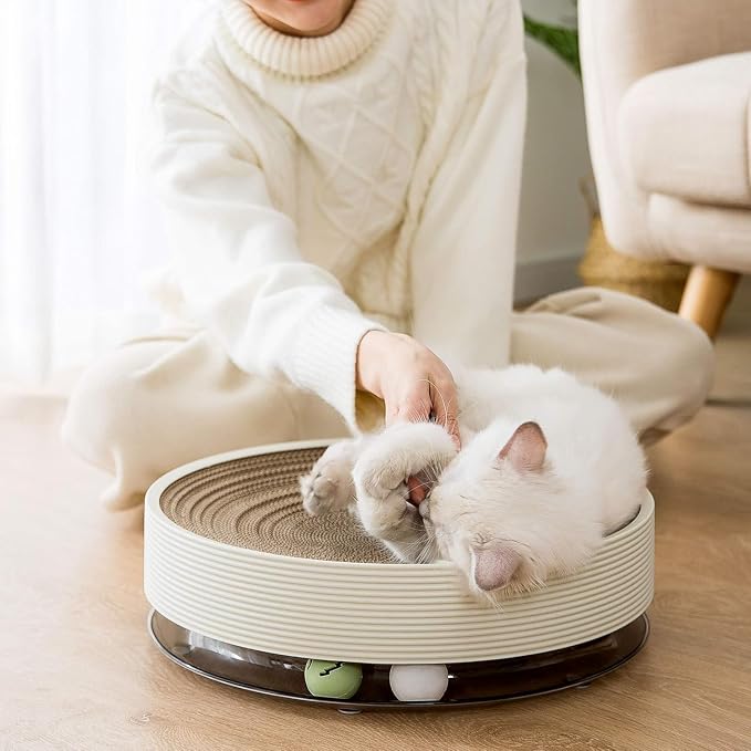 Cat Scratcher Bed Round 3-in-1 Cat Scratcher Toy with Track Ball, Cardboard Cat Scratcher Lounge & Bed, Interactive Cat Toy for Indoor Cats, Durable Scratching Pad with 2 Spinning Balls