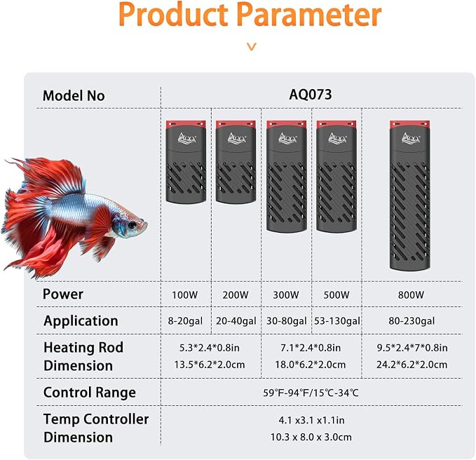 AQQA 800W Aquarium Heater PTC for Fish Tank 80-230 Gallon Submersible Thermostat Adjustable Temp Range 59-94℉ with Intelligent Overheat & Out-of-Water Auto Shut-Off Protection (800W for 80-230Gal)
