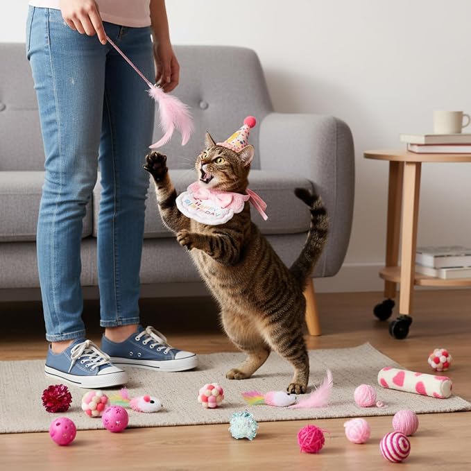 Zopeal 38 Pcs Graduation Cat Toy Set Interactive Cat Toys Pack Including Cats Gift Basket Feather Teaser Wand Plush Gift Outfit Mice Crinkle Balls and Pet Bell Balls, Puzzle for Indoor(Pink)