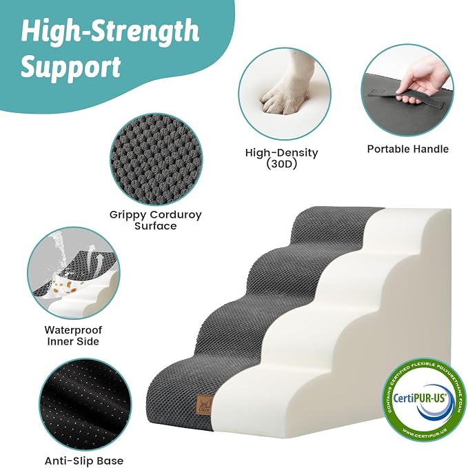 COZY KISS Wide Dog Stairs for Small Dog 19.7" H, Pet Step for Puppy, Older Cat, Curved Ramp for Bed, Durable Anti-Slip Ladder with High Density Foam, 4 Step, 17.7x28x19.7 inch, Dark Grey