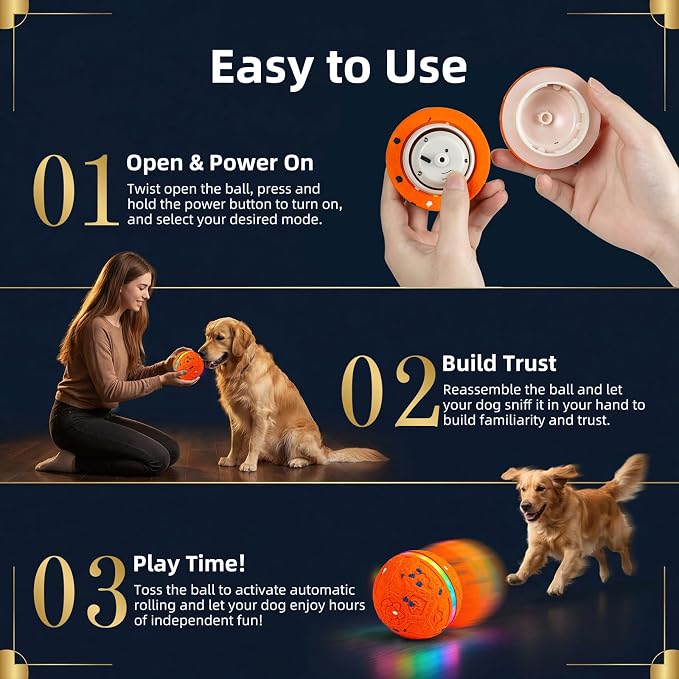 Interactive Dog Ball Toy, Durable E-TPU Material, 3 Play Modes with Colorful Lights, Automatic Moving, Bouncing and Rotating for Medium and Large Dogs Indoor & Outdoor (Orange)