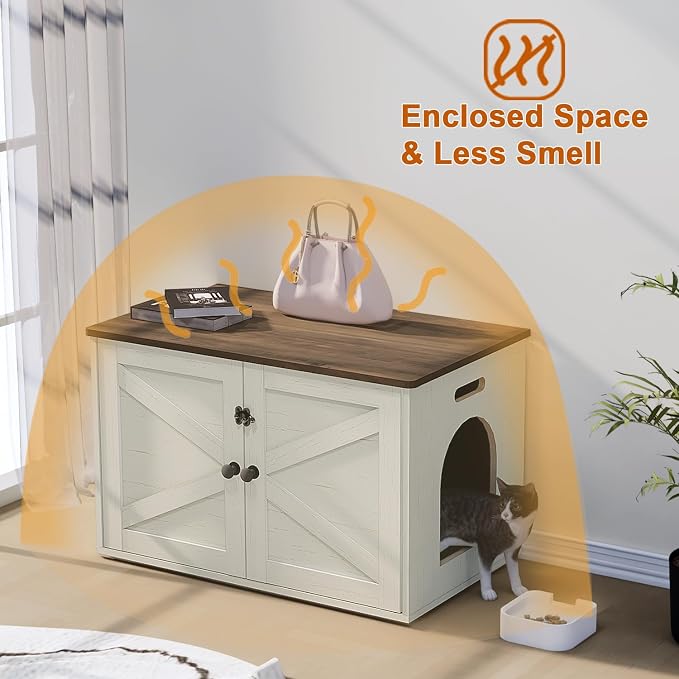 Timberer Cat Litter Box Enclosure, Litter Box Furniture Hidden with Removable Divider, Wooden Cat Washroom Furniture, Indoor Cat House, Rustic Brown and White