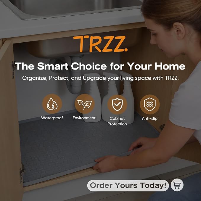 TRZZ Silicone Waterproof Under Sink Mat 22" x 19", Drip Tray and Cabinet Liner for Kitchen and Bathroom, Prevents Water Damage and Organizes Cabinets (Khaki)