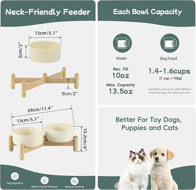 Havniva 5.1inch Ceramic Raised Dog Bowl with Stand, Double Dog Bowls Elevated for Small Breed Dog Food and Water Bowl Set Non-Slip Dog Dish Large Capacity Feeding Pet Water Bowl