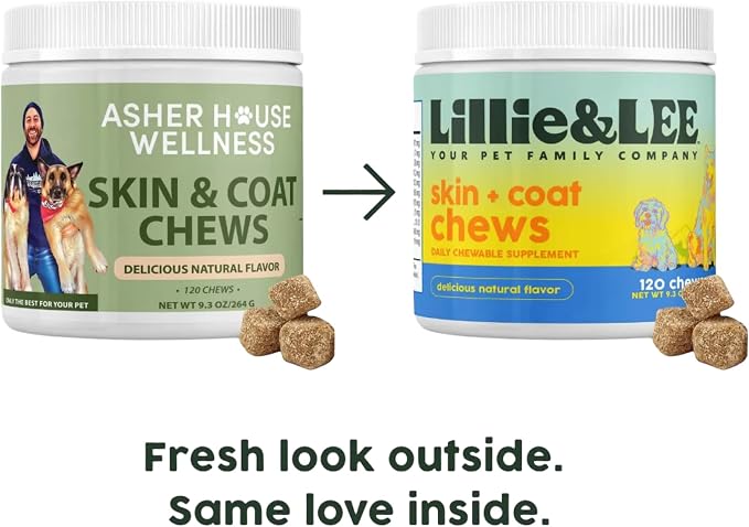 Asher House Wellness Skin & Coat Chews - Now Lillie & Lee - Dog Itching Skin Relief with Omega 3, 6, 9, Fish Oil, Biotin - Dogs Itchy Paw Licking Chewable Treats - 120 Soft Chews