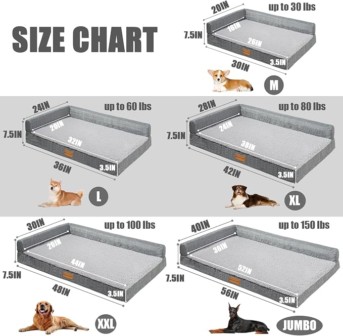 Patas Lague Orthopedic Dog Bed Medium Size Dog 30''X20'', Waterproof L Bolster Medium Pet Sofa Beds with Removable Washable Cover, Soft Pet Couch Crate Mat with Nonskid Bottom, Grey