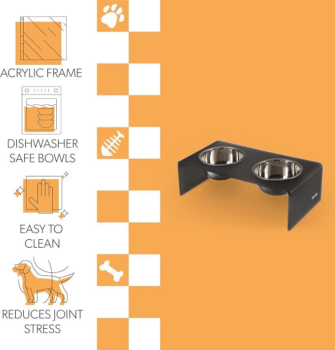 DBL2001J Keaton 7.5" Medium/Large Modern Acrylic Rectangular Elevated Pet Feeder with 54oz 2-Stainless Steel Bowls, Dark Gray/Chrome