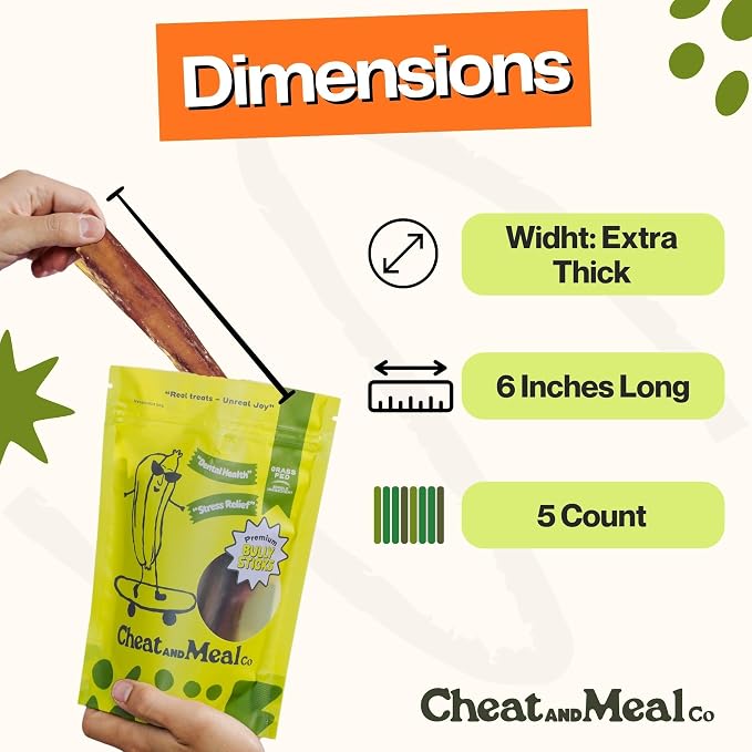 Extra Thick Bully Sticks for Large Dogs & Aggressive Chewers - 6 Inch (5 Count), Long Lasting Dog Chews, 100% Grass-Fed Beef, Single Ingredient, Rawhide-Free, Free Range