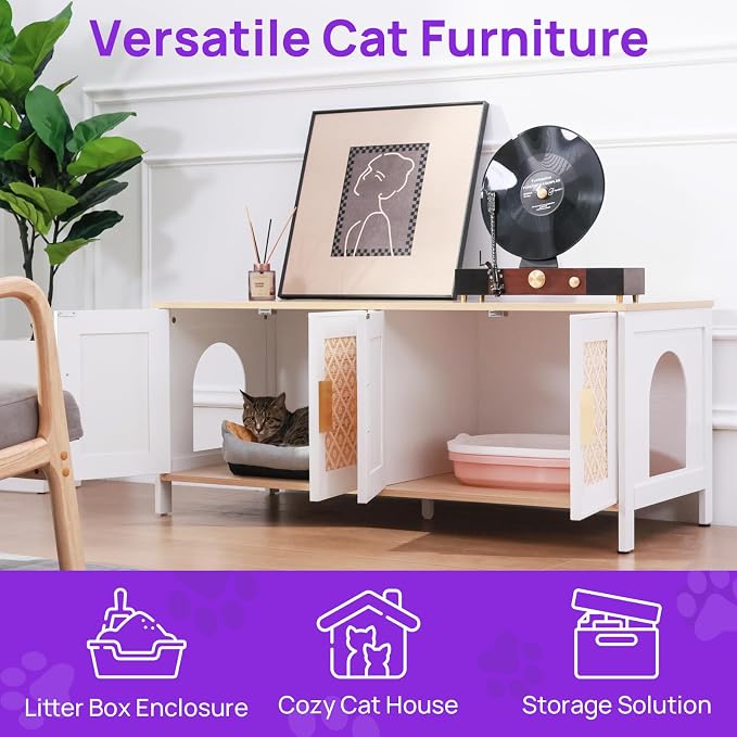 Large Boho Cat Litter Box Enclosure for 2 Cats, Hidden Cat Washroom Furniture with Rattan Doors, Dual Compartment Litter Cabinet & TV Stand, Modern Wooden Cat House (47.2”L x 19.6”W x 19.8”H)