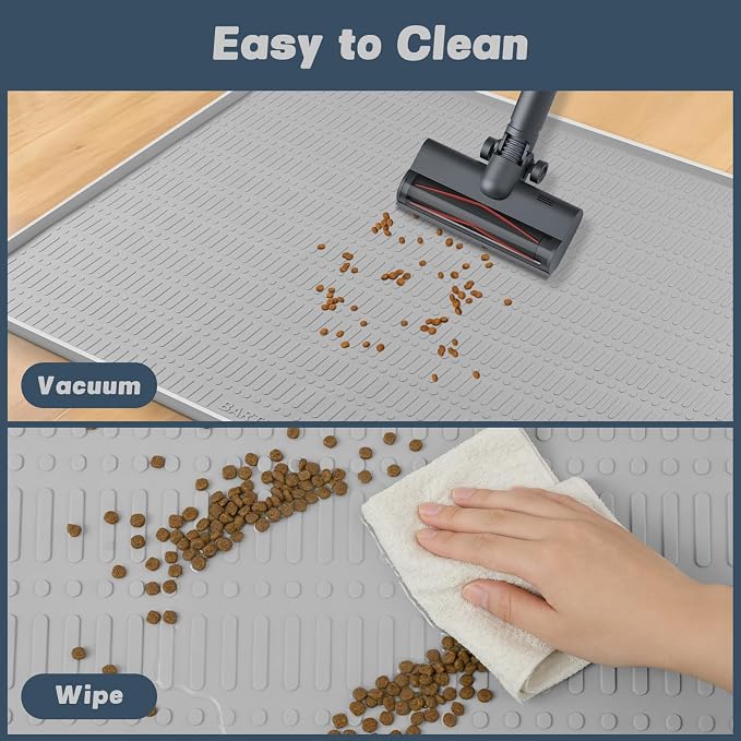 47" x 35" Silicone Cat Food Mat, Waterproof Pet Feeding Mat with Raised Edge, Extra Large Cat Bowl Mat Water Bowl Placemats for Cats, Non-Slip, Protects Floors, Easy to Clean (Light Gray)