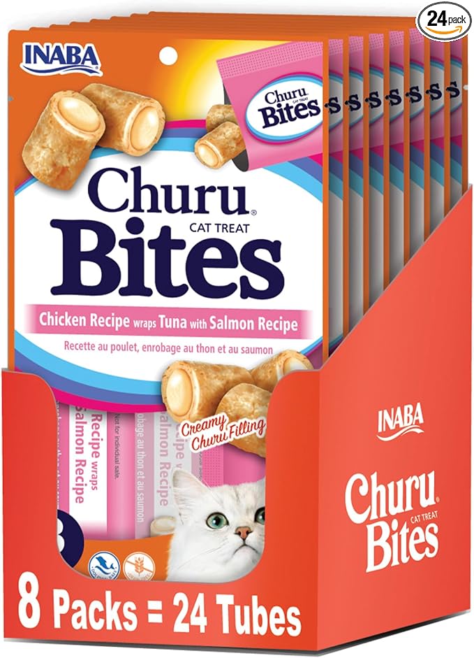 INABA Churu Bites for Cats, Soft/Chewy Baked Chicken Wrapped Churu Filled Cat Treats with Vitamin E, 0.35 Ounces per Tube, 24 Tubes Total (3 Tubes per Pack), Tuna with Salmon Recipe