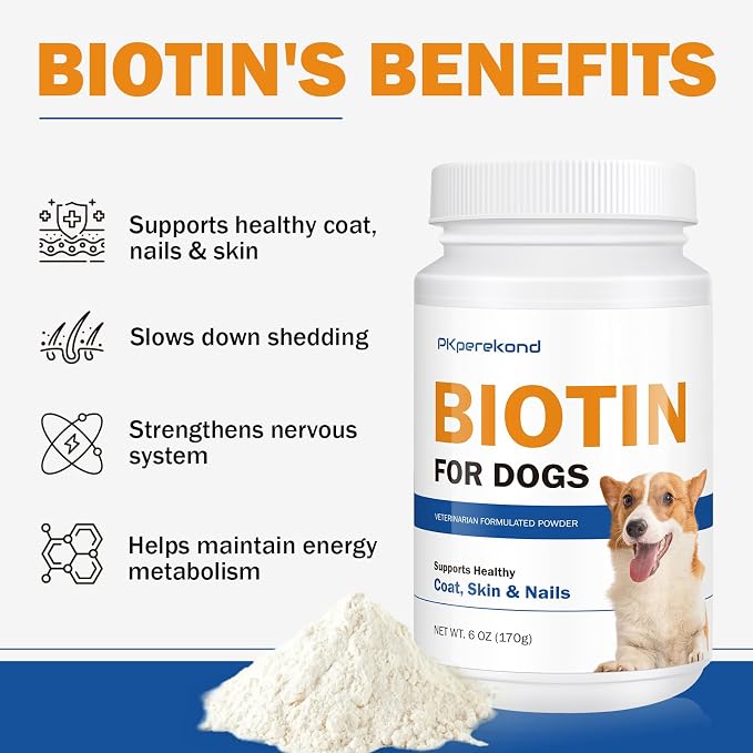 Biotin for Dogs, Supports Shiny Coat and Healthy Skin, Strengthens Dog Nails, Biotin Powder Supplement for Dog Shedding, Dry Skin Relief for Dogs, 6 oz, Original Flavor