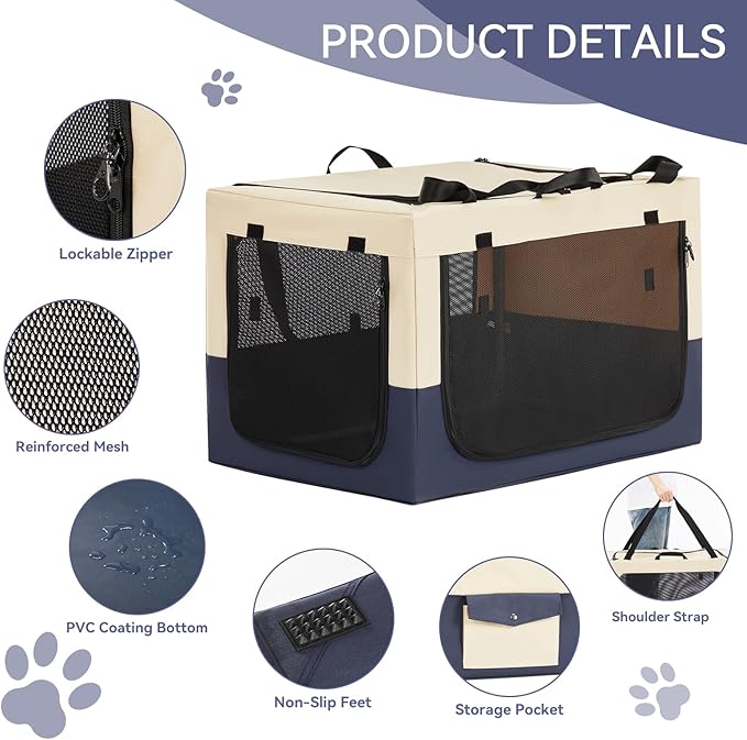 PETSFIT 30" Soft Portable Dog Crate – Patented Spiral Sturdy Frame, Collapsible Travel Kennel for Medium Dogs, 3 Mesh Door, Lockable Zippers, Indoor & Car Use Navy Blue