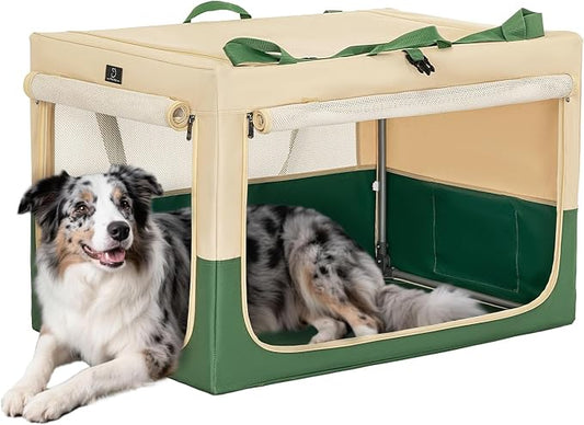 36" Collapsible Dog Crate for Large Dogs - Portable Soft Travel Kennel with Lockable Zippers, Waterproof Base, Washable Cover, Patented Screw Frame for Adjustable Tension, Outdoor, Indoor, Car Use