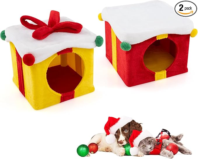PETSITE Christmas-Themed Gift Box-Shaped Cat House, Stackable 2-Piece Indoor Cat Caves for Kittens, Colorful 2-Story Cat Hideaway Cat Bed for Indoor Cats