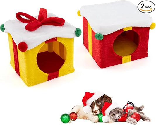 PETSITE Christmas-Themed Gift Box-Shaped Cat House, Stackable 2-Piece Indoor Cat Caves for Kittens, Colorful 2-Story Cat Hideaway Cat Bed for Indoor Cats