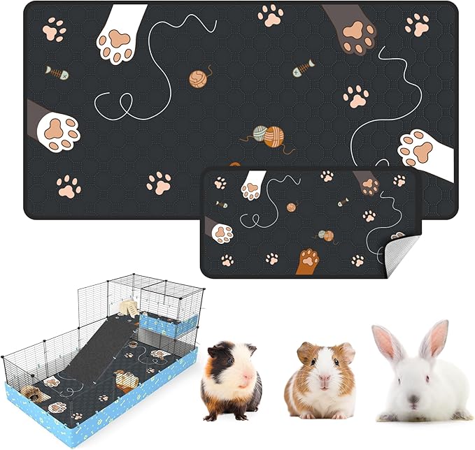 Washable Guinea Pig Bedding for 2 Story Guinea Pig Cages, Fast Absorption Reusable Guinea Pig Cage Liner, No Shrunk, Anti-Slip Bottom, Leak-Proof Pee Pad Mat, 12” x 24” & 24” x 48” (Black)