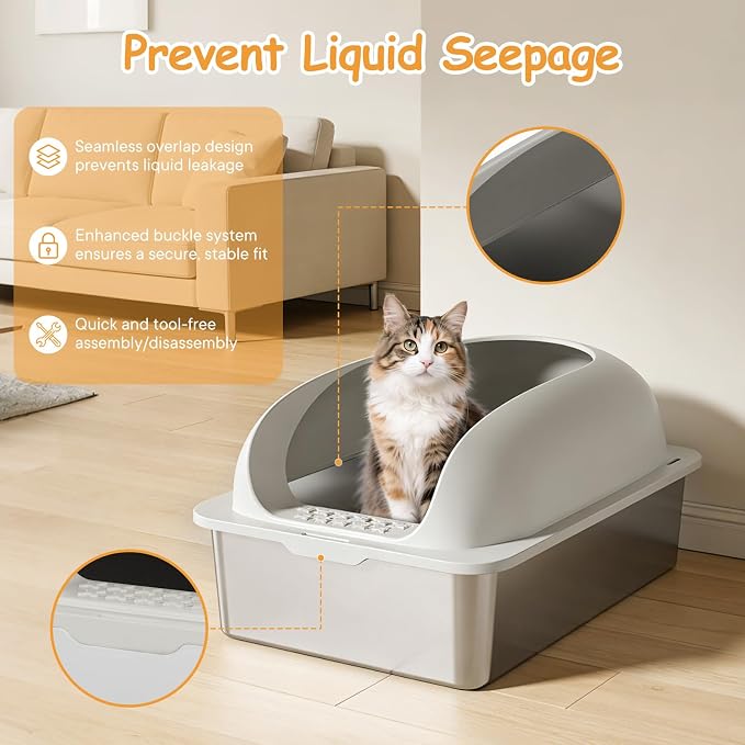Extra Large Cat Litter Box with Lid, Stainless Steel Cat Litter Box with Scoop and Mat, High Walls for Anti-Urine Leakage, Easy Cleaning, Light Gray