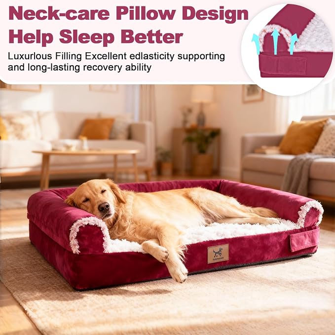 XL Orthopedic Dog Bed - Breathable Egg-Crate Foam Sofa Couch with Bolster, Water-Resistant Liner & Washable Rose Velvet - Ideal for Golden Retrievers, Labradors, Rose Pink(40'' x 28'')