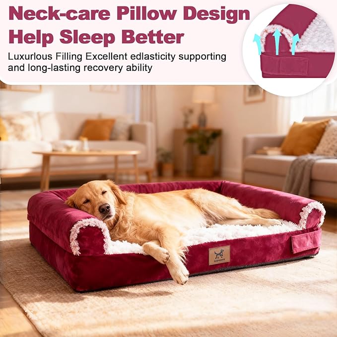 Orthopedic Dog Bed - Breathable Egg-Crate Foam Sofa Couch with Bolster, Water-Resistant Liner & Washable Rose Velvet - Ideal for Corgis, French Bulldogs, Rose Pink, L (35'' x 22'')