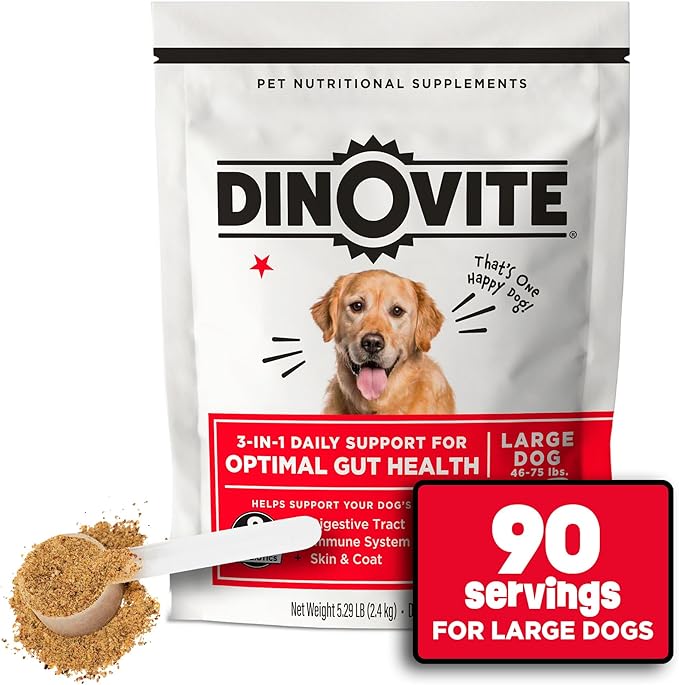 Dinovite Probiotics for Dogs, Probiotic Powder Food Topper for Large Dogs (45+ lb), Daily Digestive Health & Skin Support with Omega-3s, 90 Servings