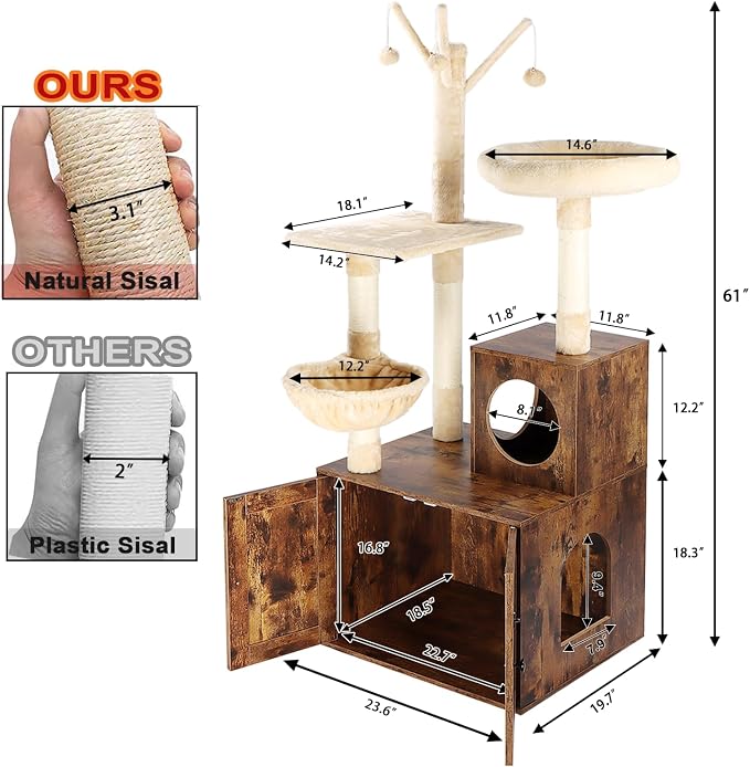 Timberer Cat Tree Tower with Litter Box Enclosure, 2-in-1 Wooden Cat Condo with Sisal Scratching Post, Hammock, Brown