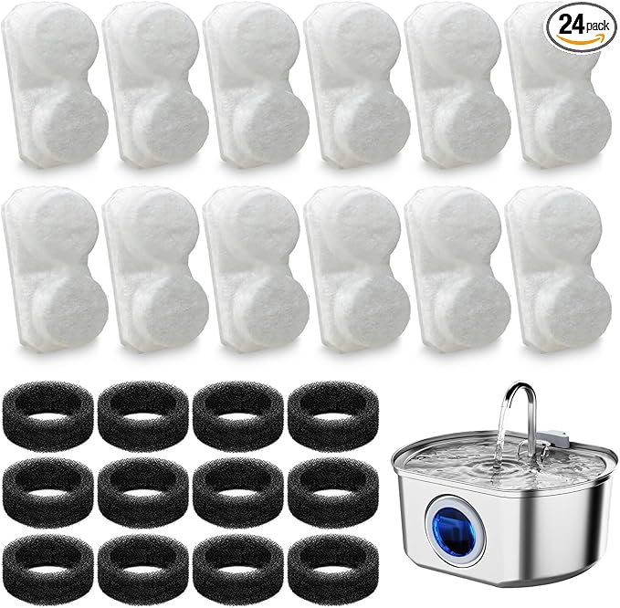 24 Pack Cat Fountain Replacement Filters Compatible with Neareal 108oz/3.2L Stainless Steel Pet Water Fountain(12 Filters & 12 Sponges)