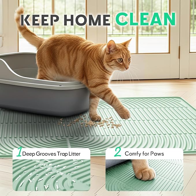 Pawtasy Cat Litter Box Mat,47" x 35" Extra Large Silicone Waterproof Litter Trapping Mat for Scatter Control Soft on Kitty Paws Non-Slip Easy to Clean