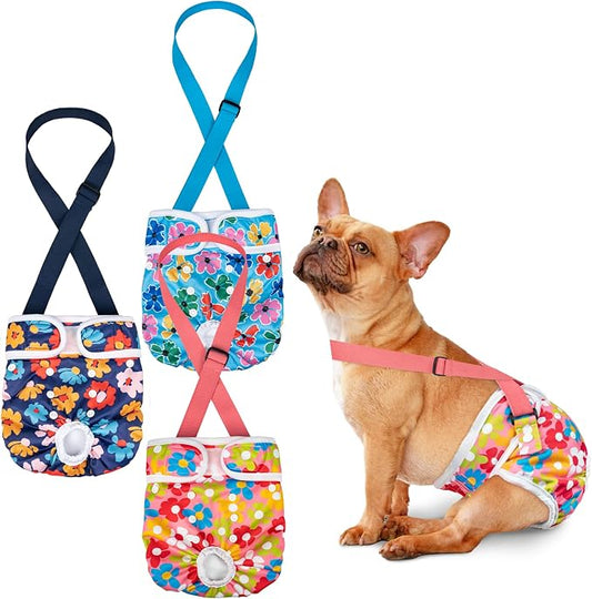 Pet Soft Dog Diapers Female with Suspenders, 3 Pack Reusable Female Dog Diapers for Heat, Dog Period Panties for Doggie in Cycle(Small, Floral)
