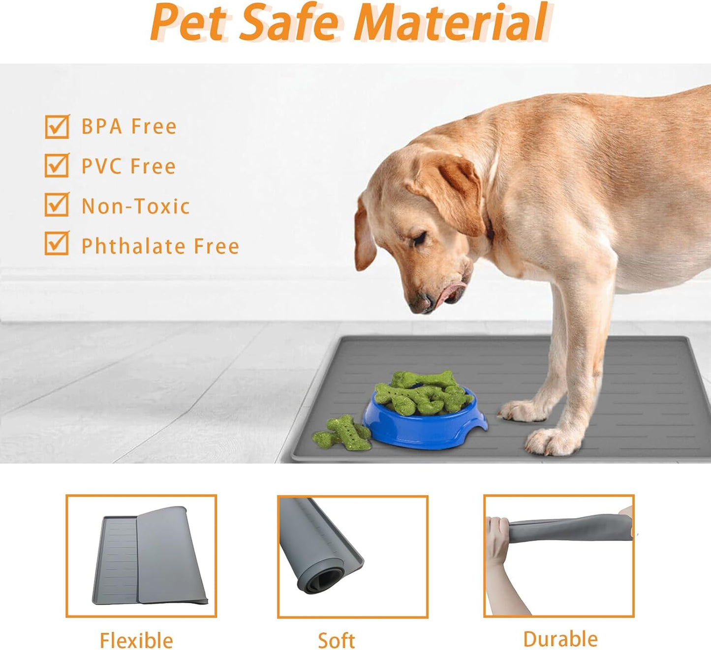 18" x 12" Dog Food Mat, Silicone Pet Mats for Food and Water, Nonslip Pet Feeding Mats for Floors, Dog Cat Bowl Mat with Raised Edges, Light Gray