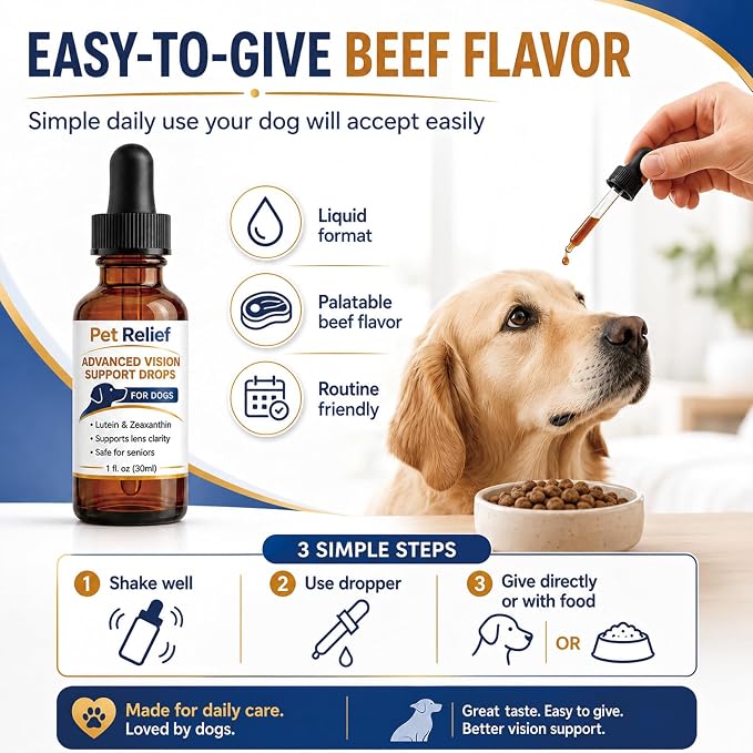 Pet Relief Advanced Vision, Gentle Daily Eye Support Drops for Dogs, Helps Maintain Clear & Comfortable Eyes, Clears Debris, Reduces Cloudiness, Easy Dropper Bottle