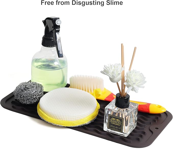 ZLR Silicone Sink Caddy Tray (6" x 12" / 153 x 305mm) - Narrow Sponge Holder for Kitchen Counter - Waterproof Dish Drying Mat, Non-Slip Soap Dispenser Mat & Bathroom Vanity Organizer (Coffee)