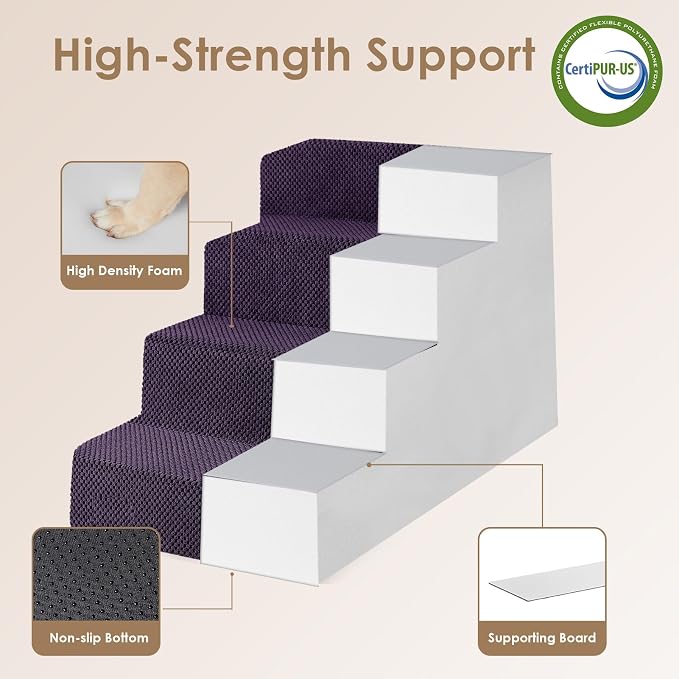 EHEYCIGA Dog Stairs for Bed 20" H, 4-Step Extra Wide Dog Steps for High Bed, Pet Steps for Small Dogs and Cats, Non-Slip Balanced Pet Ramp Indoor, Purple