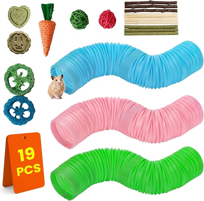 19 PCS Hamster Tubes and Wood Hamster Chew Toys, Natural Guinea Pig Chew Toys for Enrichment, Pet Cage Accessories for Syrian, Cage Accessories for Teeth Care & Boredom Relief (Pink Blue Green)