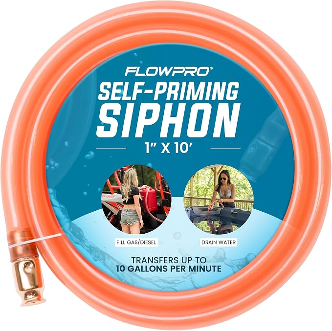 1” x 10’ Self-Priming Shaker Jiggler Siphon Hose, FlowPro Siphon Gas & Fuel Transfer Pump, Gas Can Siphon for Boats, Jet Ski, Pontoon. Water Siphon Pump for Hot Tub Drain and Cold Plunge | 10 GPM