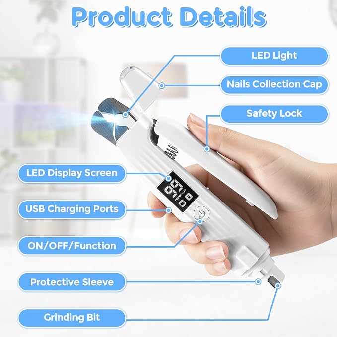2-in-1 Led Cat Dog Nail Grinder - Rechargeable Pet Nail Trimmers with LED Light,300mAh Battery Quick USB Charge for Medium Small Dogs Cats Rabbits