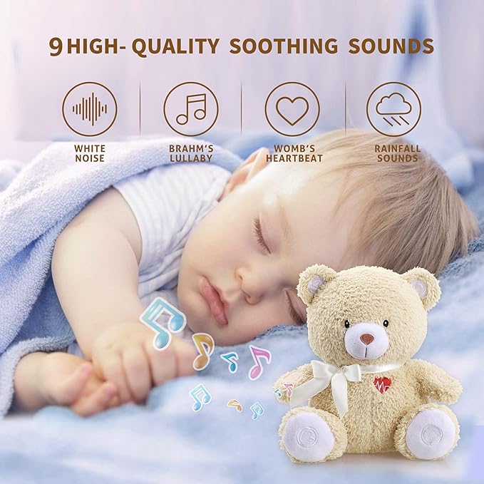 BEREST Newborns Musical Baby Sleep Soother, Mom's Heartbeat White Noise Machine, Bear Sleeping Aid with Cry Sensor, Night Light & 9 Sounds Therapy, Classic Sleeping Bear Infant Sleeping Aid Toy(Brown)